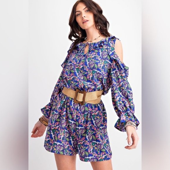 easel | Romper in the Heather Floral Print Cold Shoulder Navy Ruffle New Small - Picture 3 of 13